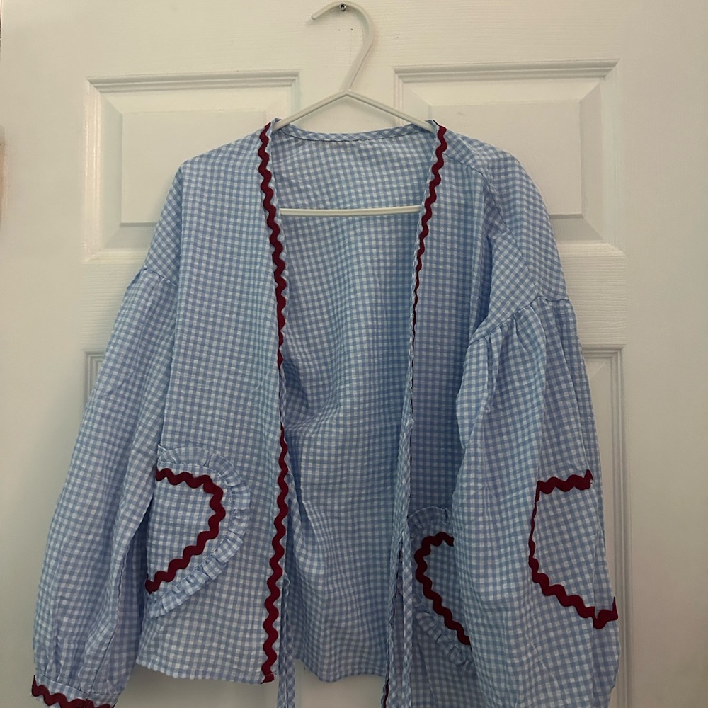Gingham Cardigan with Heart Pockets